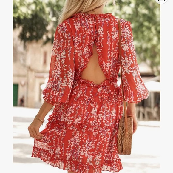 Spring/Summer Deep V Neck Ruffle Long Sleeve Floral Print Mini Dress - Picture 2 of 3